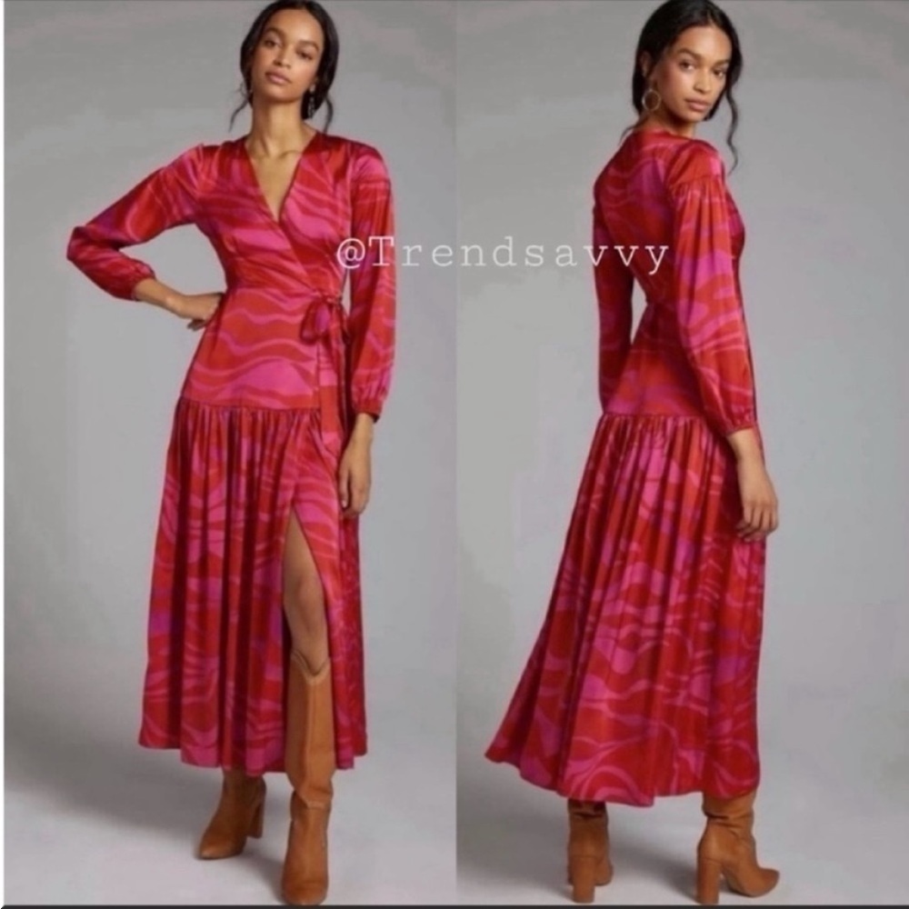 Anthropologie Hutch Pink Red Zebra Wrap Maxi Dress XS Puff Sleeve Resort Getaway